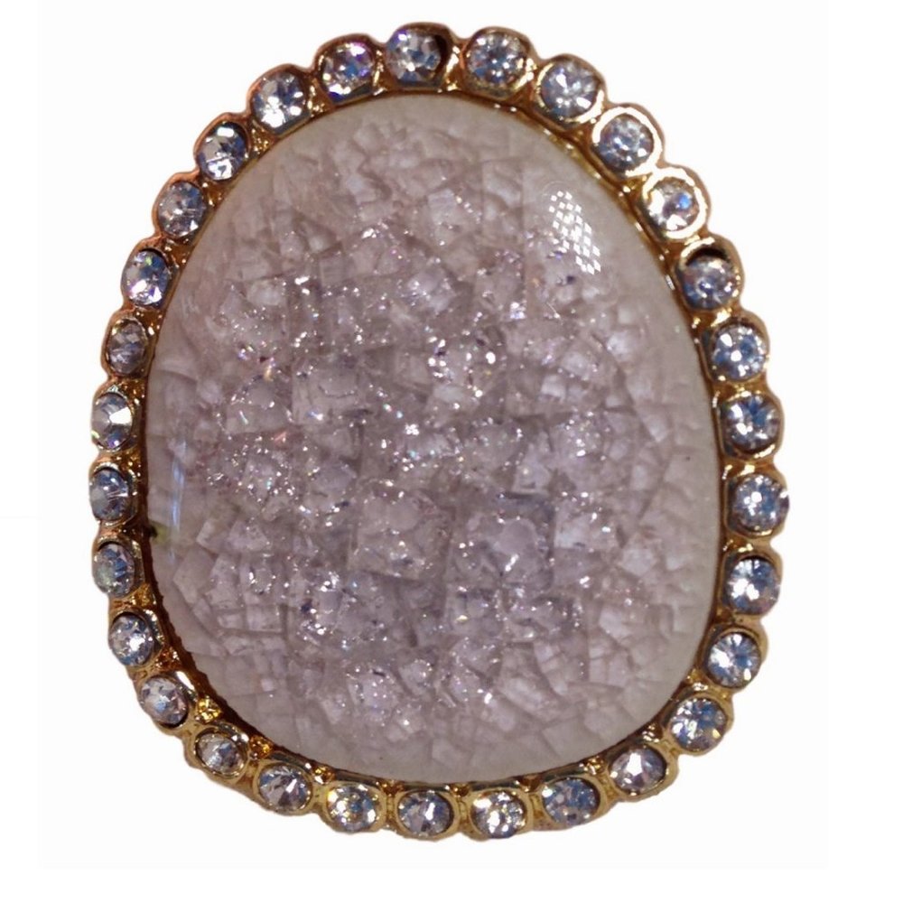 Large Pink Sparkle Adjustable Stretch Crystal Gold Tone Cocktail Ring